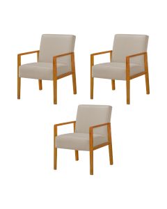 Kit 3 Poltronas Base em Madeira Maciça Decorativa Bora Bora Linho Capuccino