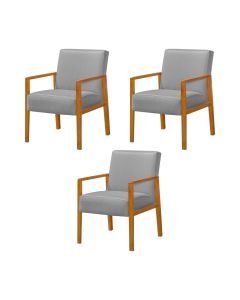 Kit 3 Poltronas Base em Madeira Maciça Decorativa Bora Bora Linho Cinza