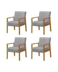 Kit 4 Poltronas Base em Madeira Maciça Decorativa Bora Bora Linho Cinza