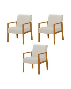 Kit 3 Poltronas Base em Madeira Maciça Decorativa Bora Bora Linho Crú