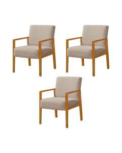 Kit 3 Poltronas Base em Madeira Maciça Decorativa Bora Bora Veludo Bege