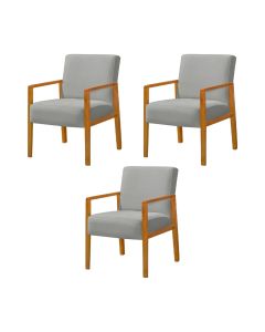 Kit 3 Poltronas Base em Madeira Maciça Decorativa Bora Bora Veludo Cinza Claro
