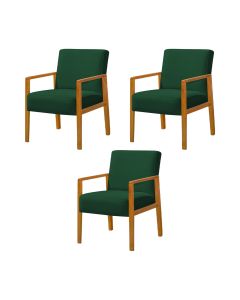 Kit 3 Poltronas Base em Madeira Maciça Decorativa Bora Bora Veludo Verde
