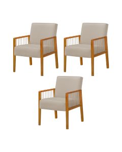 Kit 3 Poltronas Decorativa Base em Madeira Maciça e Corda Náutica Copacabana Linho Capuccino