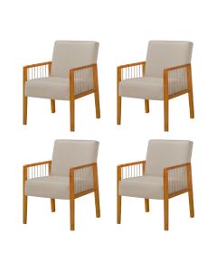 Kit 4 Poltronas Decorativa Base em Madeira Maciça e Corda Náutica Copacabana Linho Capuccino