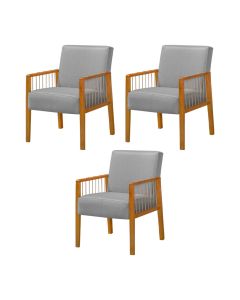 Kit 3 Poltronas Decorativa Base em Madeira Maciça e Corda Náutica Copacabana Linho Cinza