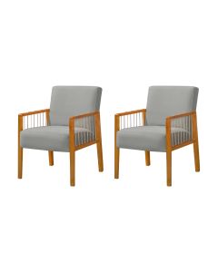 Kit 2 Poltronas Decorativas Base em Madeira Maciça e Corda Náutica Copacabana Veludo Cinza Claro 
