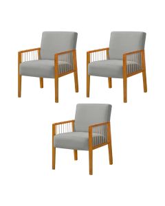 Kit 3 Poltronas Decorativa Base em Madeira Maciça e Corda Náutica Copacabana Veludo Cinza Claro