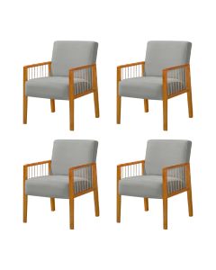 Kit 4 Poltronas Decorativa Base em Madeira Maciça e Corda Náutica Copacabana Veludo Cinza Claro