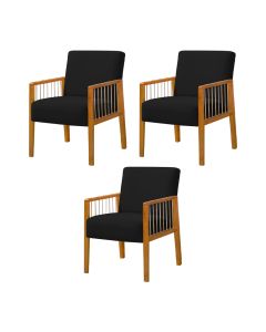 Kit 3 Poltronas Decorativa Base em Madeira Maciça e Corda Náutica Copacabana Veludo Preto