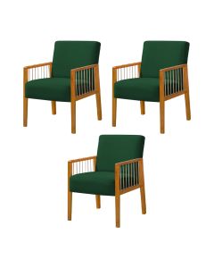 Kit 3 Poltronas Decorativa Base em Madeira Maciça e Corda Náutica Copacabana Veludo Verde
