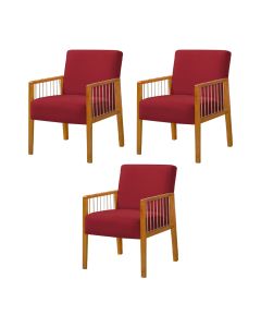 Kit 3 Poltronas Decorativa Base em Madeira Maciça e Corda Náutica Copacabana Veludo Vermelho