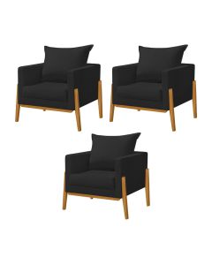 Kit 3 Poltronas Living Base e Pés em Madeira Maciça Madagascar Veludo Preto