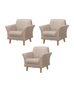 Kit 3 Poltronas Retrô Pés em Madeira Maciça Jamaica Linho Bege