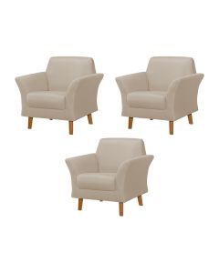 Kit 3 Poltronas Retrô Pés em Madeira Maciça Jamaica Linho Capuccino
