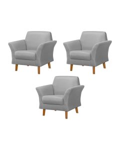 Kit 3 Poltronas Retrô Pés em Madeira Maciça Jamaica Linho Cinza