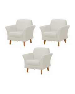 Kit 3 Poltronas Retrô Pés em Madeira Maciça Jamaica Linho Crú