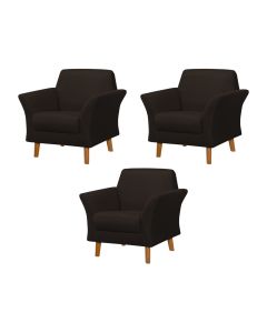 Kit 3 Poltronas Retrô Pés em Madeira Maciça Jamaica Linho Marrom Escuro