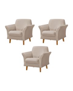 Kit 3 Poltronas Retrô Pés em Madeira Maciça Jamaica Veludo Bege