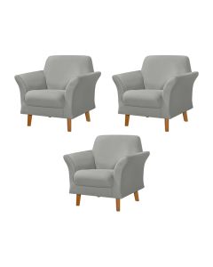 Kit 3 Poltronas Retrô Pés em Madeira Maciça Jamaica Veludo Cinza Claro
