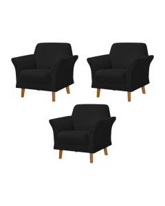 Kit 3 Poltronas Retrô Pés em Madeira Maciça Jamaica Veludo Preto