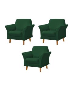Kit 3 Poltronas Retrô Pés em Madeira Maciça Jamaica Veludo Verde