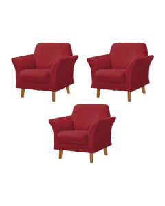 Kit 3 Poltronas Retrô Pés em Madeira Maciça Jamaica Veludo Vermelho