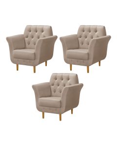 Kit 3 Poltronas Decorativa Pés Palito em Madeira Playa Linho Bege