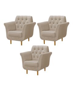 Kit 3 Poltronas Decorativa Pés Palito em Madeira Playa Linho Capuccino