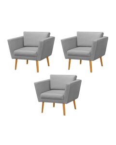 Kit 3 Poltronas Retrô Pés Palito em Madeira Paraty Linho Cinza