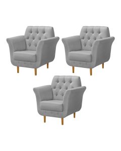 Kit 3 Poltronas Decorativa Pés Palito em Madeira Playa Linho Cinza