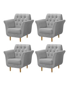 Kit 4 Poltronas Decorativa Pés Palito em Madeira Playa Linho Cinza