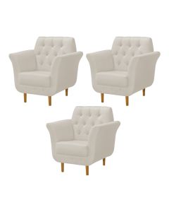 Kit 3 Poltronas Decorativa Pés Palito em Madeira Playa Linho Crú