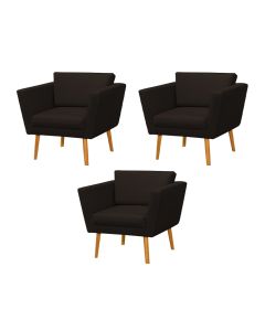 Kit 3 Poltronas Retrô Pés Palito em Madeira Paraty Linho Marrom Escuro