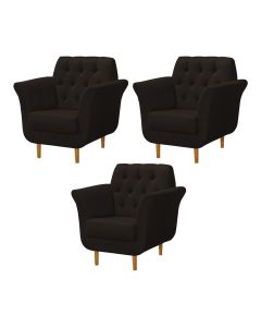 Kit 3 Poltronas Decorativa Pés Palito em Madeira Playa Linho Marrom Escuro