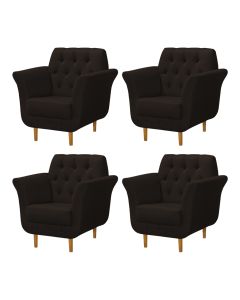 Kit 4 Poltronas Decorativa Pés Palito em Madeira Playa Linho Marrom Escuro