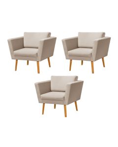 Kit 3 Poltronas Retrô Pés Palito em Madeira Paraty Veludo Bege
