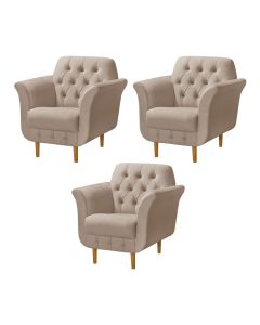 Kit 3 Poltronas Decorativa Pés Palito em Madeira Playa Veludo Bege
