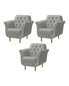 Kit 3 Poltronas Decorativa Pés Palito em Madeira Playa Veludo Cinza Claro