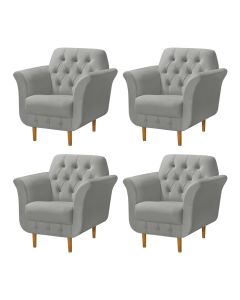 Kit 4 Poltronas Decorativa Pés Palito em Madeira Playa Veludo Cinza Claro