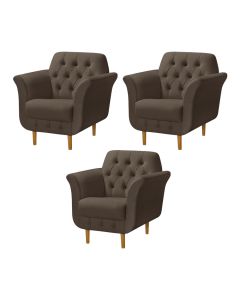 Kit 3 Poltronas Decorativa Pés Palito em Madeira Playa Veludo Marrom