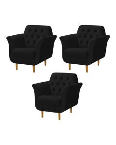 Kit 3 Poltronas Decorativa Pés Palito em Madeira Playa Veludo Preto