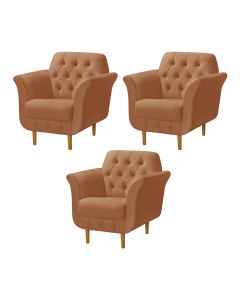 Kit 3 Poltronas Decorativa Pés Palito em Madeira Playa Veludo Terracota