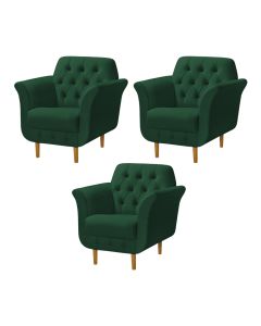 Kit 3 Poltronas Decorativa Pés Palito em Madeira Playa Veludo Verde
