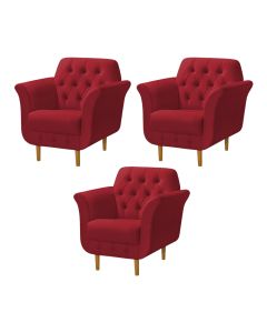 Kit 3 Poltronas Decorativa Pés Palito em Madeira Playa Veludo Vermelho
