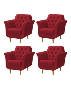 Kit 4 Poltronas Decorativa Pés Palito em Madeira Playa Veludo Vermelho
